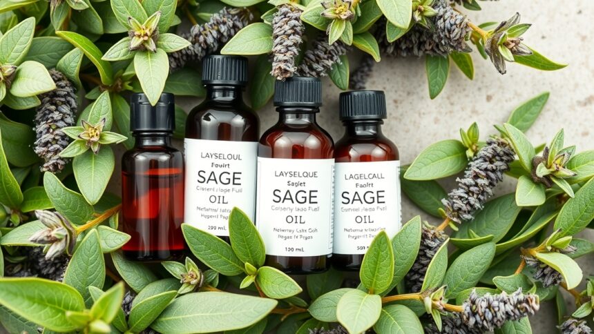 Orvosi zsályaolaj palackjai friss zöld levelekkel körülvéve