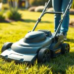 Fűnyíró használata egészséges gyep karbantartásához.
