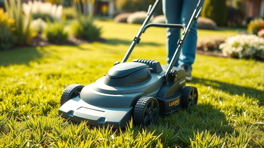 Fűnyíró használata egészséges gyep karbantartásához.