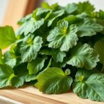 Friss lestyán levelek egy vágódeszkán, egészséges konyhai fűszer
