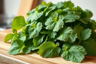 Friss lestyán levelek egy vágódeszkán, egészséges konyhai fűszer