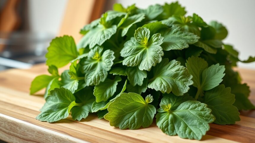 Friss lestyán levelek egy vágódeszkán, egészséges konyhai fűszer