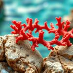 Korall karkötő egy sziklás háttér előtt, víz mellett.