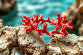 Korall karkötő egy sziklás háttér előtt, víz mellett.