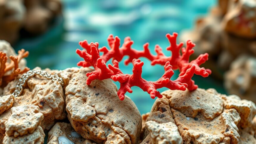 Korall karkötő egy sziklás háttér előtt, víz mellett.