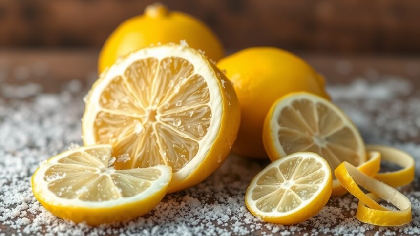 Fagyasztott citrom szeletek és egész gyümölcsök sóval díszítve