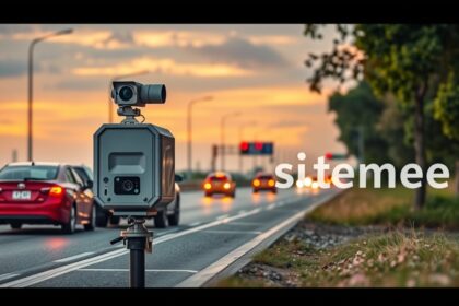 Mobil traffipax sebességmérő a közúton, forgalomellenőrzés céljából.