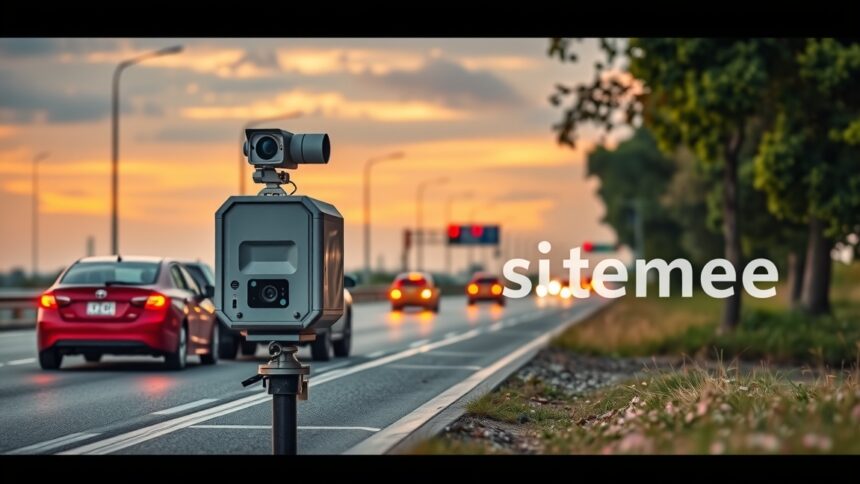 Mobil traffipax sebességmérő a közúton, forgalomellenőrzés céljából.