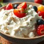 Friss tehéntúró gyümölcsökkel, egészséges táplálkozás jelképe.