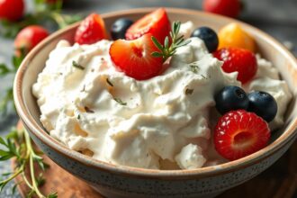 Friss tehéntúró gyümölcsökkel, egészséges táplálkozás jelképe.