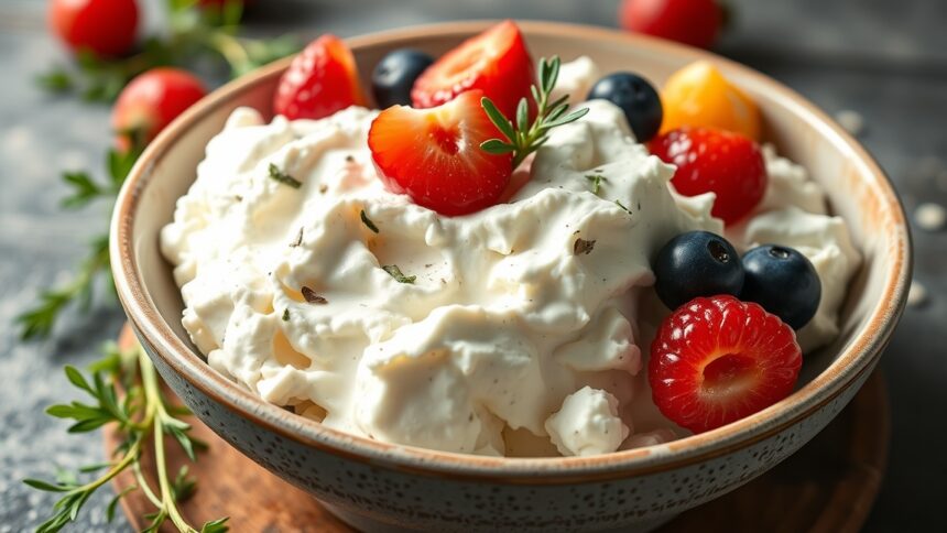 Friss tehéntúró gyümölcsökkel, egészséges táplálkozás jelképe.