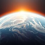 A Föld sziluettje az ózonpajzzsal és a napfelkeltével.