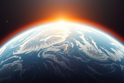 A Föld sziluettje az ózonpajzzsal és a napfelkeltével.