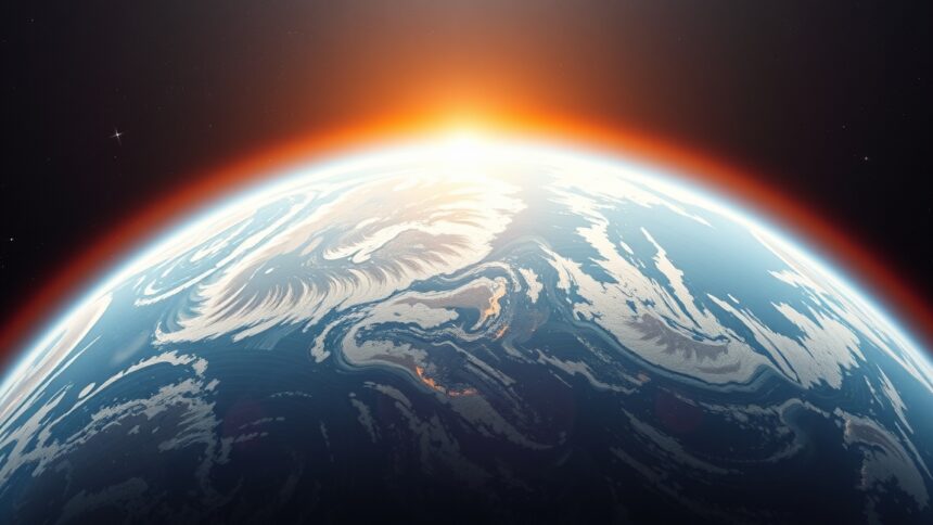 A Föld sziluettje az ózonpajzzsal és a napfelkeltével.