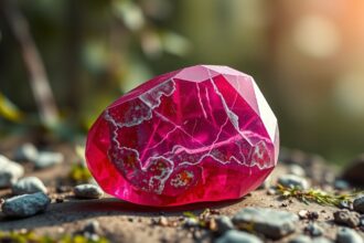 Rubin-zoizit kő természetes fényben, energikus hatásokkal