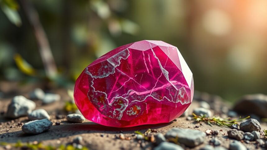 Rubin-zoizit kő természetes fényben, energikus hatásokkal