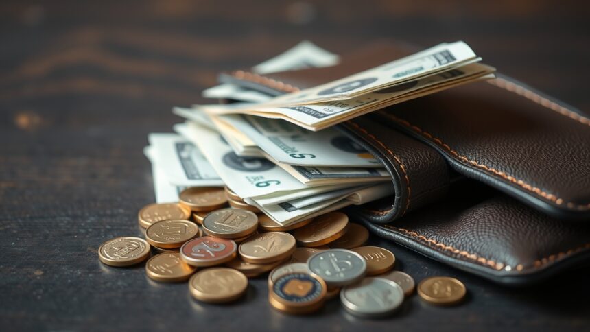 Készpénz és érme a tárcában, napi tranzakciókhoz
