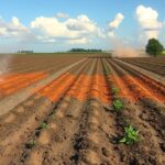 Szántott mező, amelyen látható a talajkárosodás és a növények.