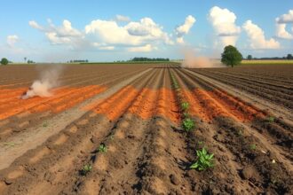 Szántott mező, amelyen látható a talajkárosodás és a növények.