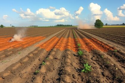 Szántott mező, amelyen látható a talajkárosodás és a növények.