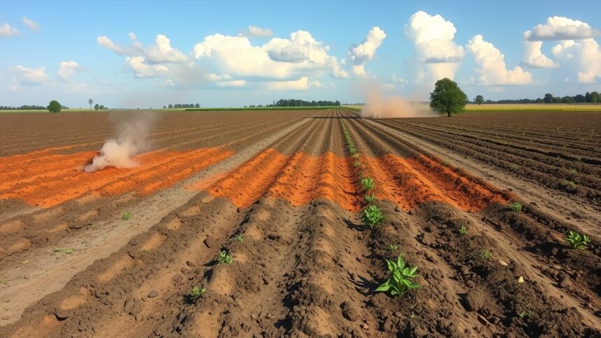 Szántott mező, amelyen látható a talajkárosodás és a növények.