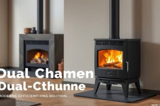 Kétaknás kályha modern design és hatékony fűtési megoldás.