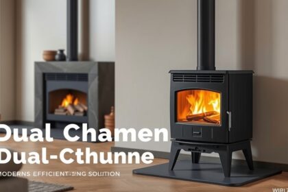 Kétaknás kályha modern design és hatékony fűtési megoldás.