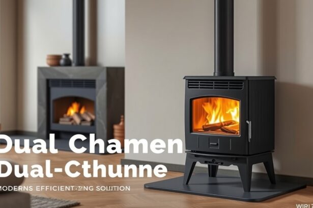 Kétaknás kályha modern design és hatékony fűtési megoldás.