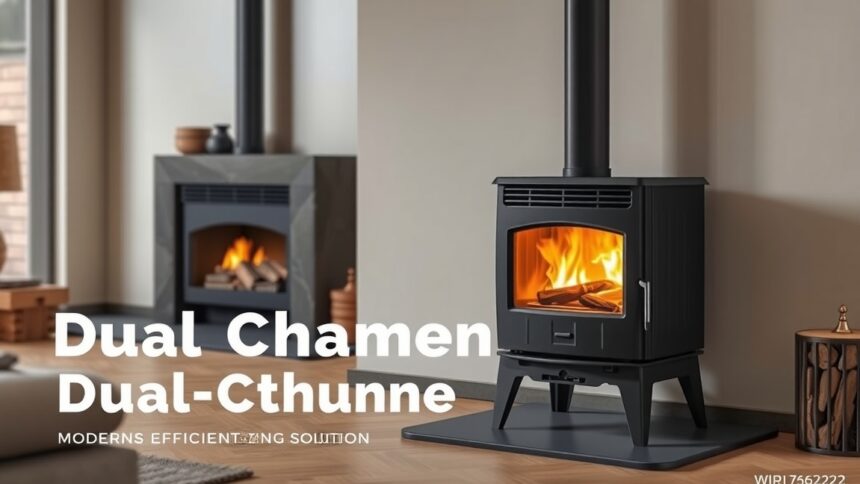 Kétaknás kályha modern design és hatékony fűtési megoldás.