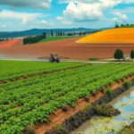 Zöldségültetvény mezőgazdasági területen, traktorral dolgozó gazda