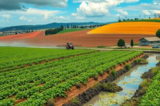 Zöldségültetvény mezőgazdasági területen, traktorral dolgozó gazda