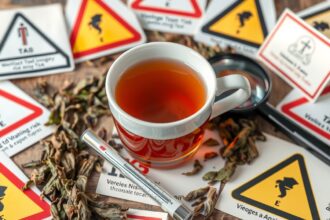 Egy csésze tea figyelmeztető táblákkal és tealevéllel körülvéve.