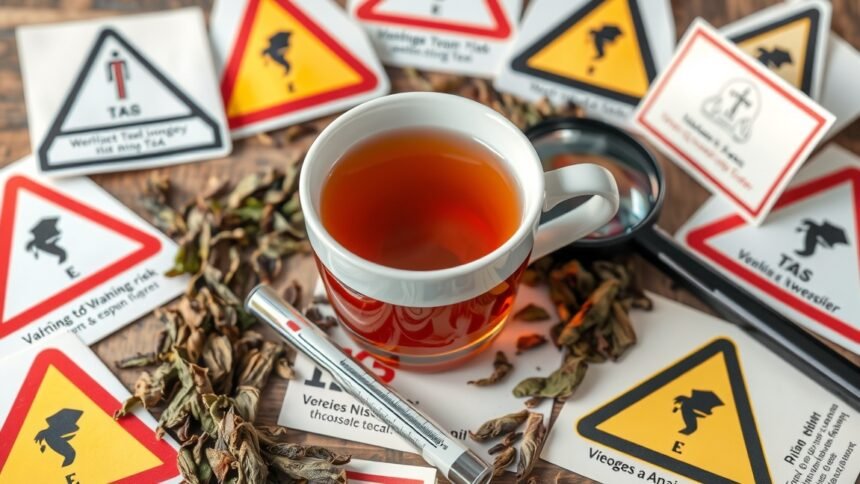 Egy csésze tea figyelmeztető táblákkal és tealevéllel körülvéve.