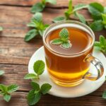 Friss borsmenta tea pohárban, zöld levelekkel körülvéve.