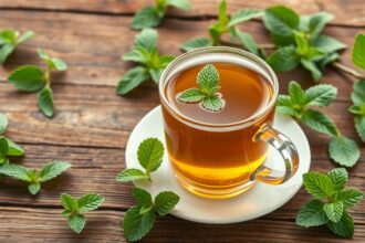 Friss borsmenta tea pohárban, zöld levelekkel körülvéve.