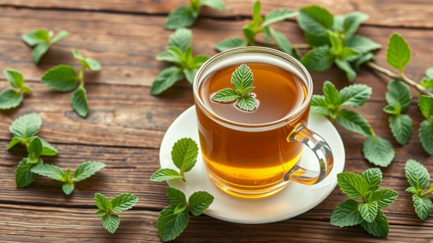 Friss borsmenta tea pohárban, zöld levelekkel körülvéve.
