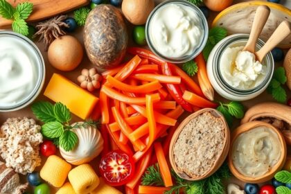 Egészséges ételek és probiotikumok bélflóra támogatásához.