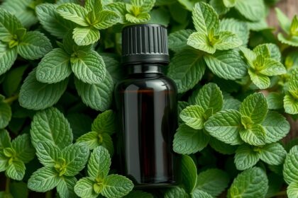 Fodormenta illóolaj üvegpalack friss fodormenta levelek között