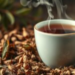 Füstölgő szenna tea egy fehér bögre mellett, körülötte fűszernövények.