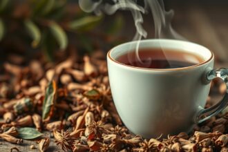 Füstölgő szenna tea egy fehér bögre mellett, körülötte fűszernövények.