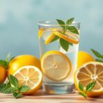 Friss citromos víz mentával és citromszeletekkel, egészséges hidratálás