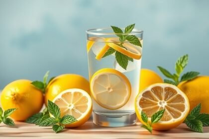 Friss citromos víz mentával és citromszeletekkel, egészséges hidratálás