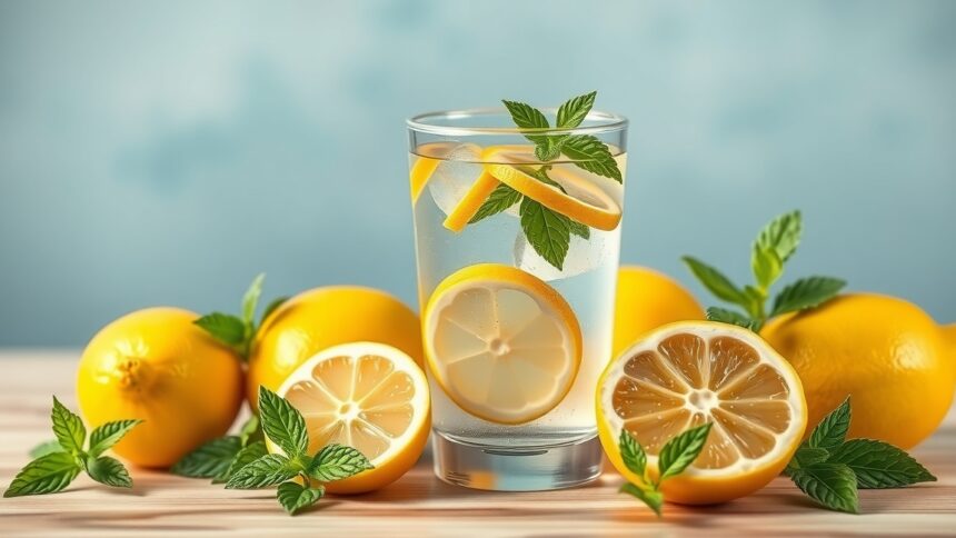 Friss citromos víz mentával és citromszeletekkel, egészséges hidratálás