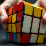 Rubik-kocka kézben, színes oldalakkal, sportág és logikai játék.
