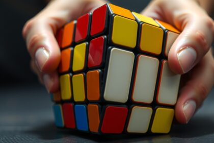 Rubik-kocka kézben, színes oldalakkal, sportág és logikai játék.