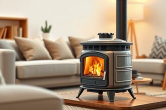 Hordozható cserépkályha elegáns otthoni környezetben.