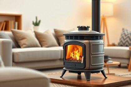 Hordozható cserépkályha elegáns otthoni környezetben.