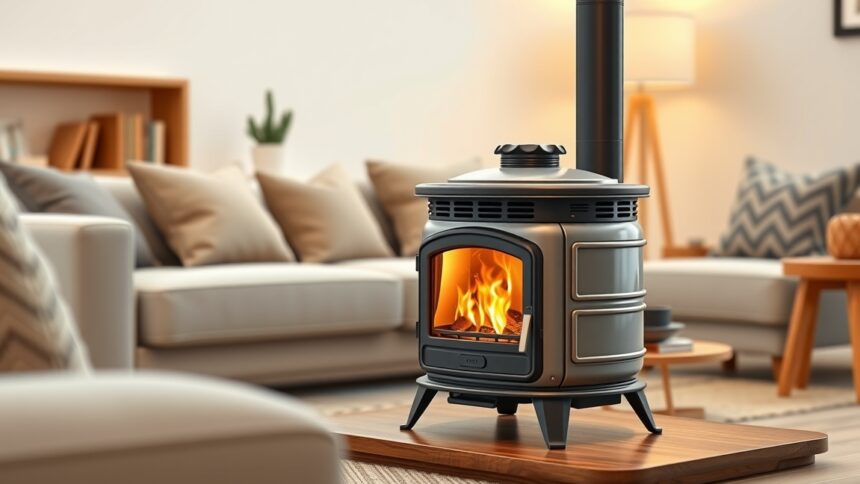 Hordozható cserépkályha elegáns otthoni környezetben.