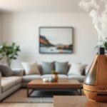 Ultrahangos diffúzor idilli otthoni környezetben, kellemes illatot árasztva.