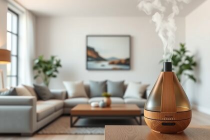 Ultrahangos diffúzor idilli otthoni környezetben, kellemes illatot árasztva.